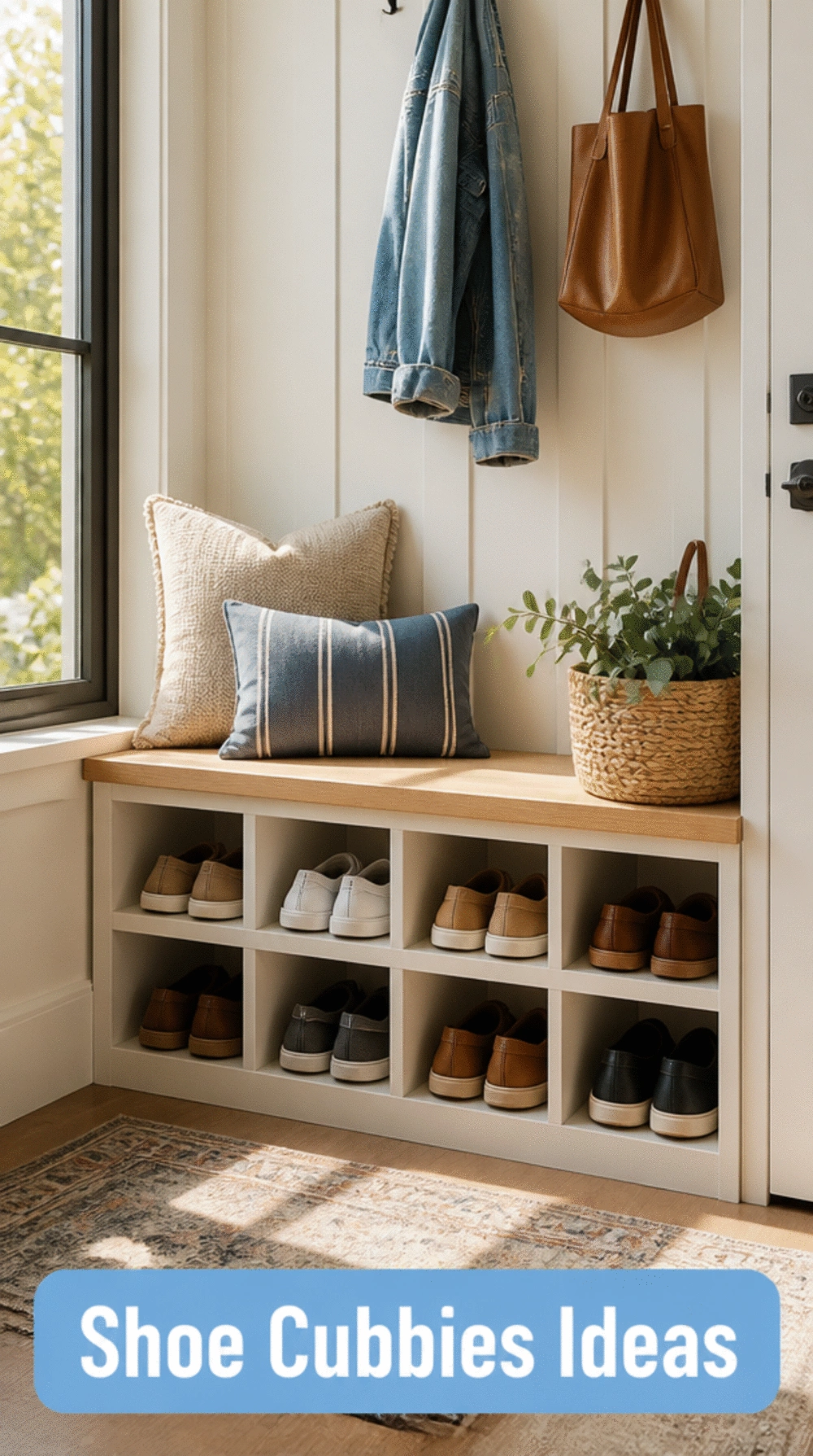 Entryway Bench with Shoe Cubbies Built into the Base Below the Seat