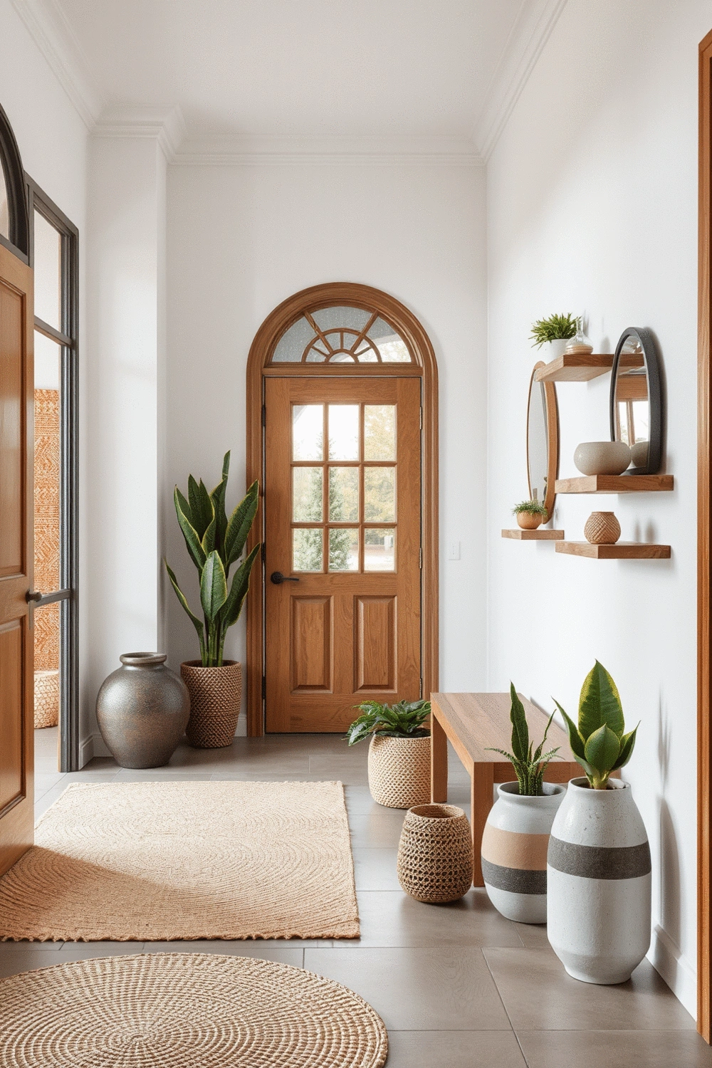 Stylish entryway with various decor products like natural fiber rugs, artistic planters, and wooden wall shelves