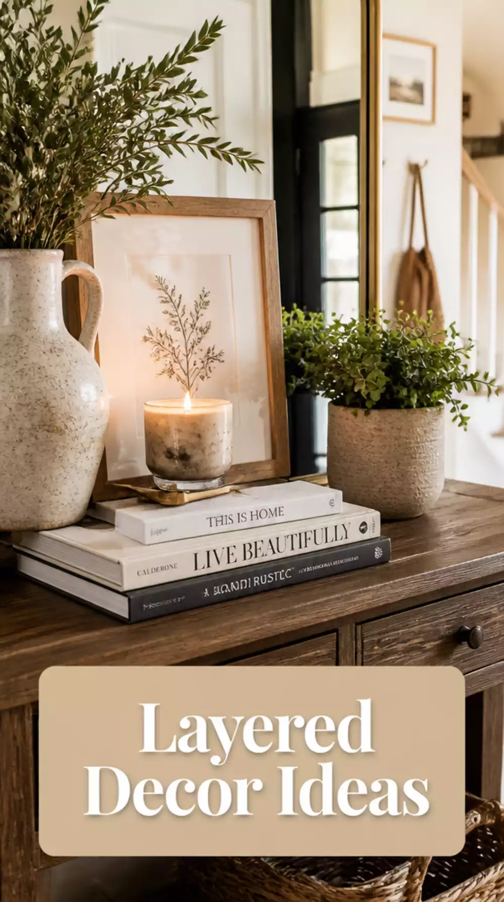 Entryway Table Styled with Layered Books, a Small Plant, and a Candle
