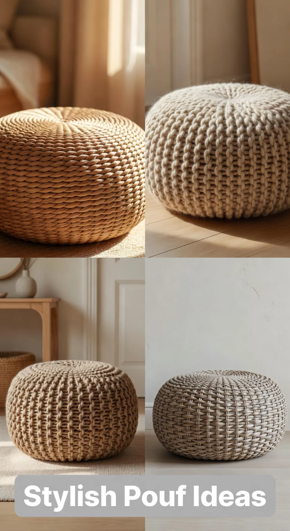 Entryway Round Pouf in a Woven Rattan or Knitted Wool Finish