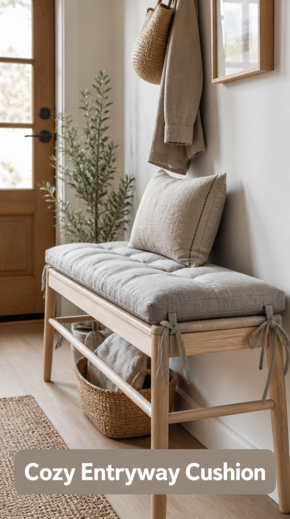 Entryway Soft Grey Linen Cushion Tied to a Wooden Bench Seat