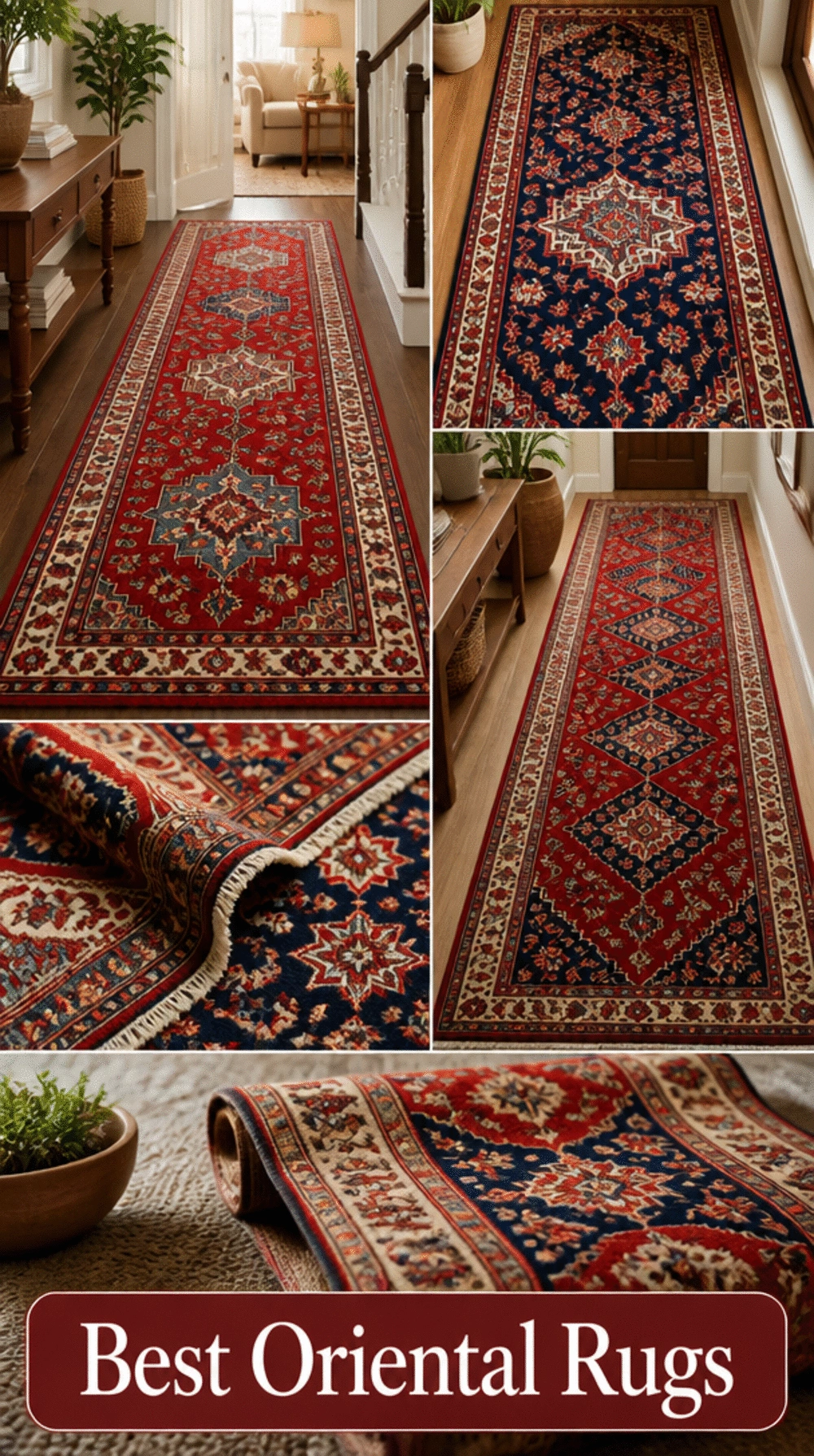 Entryway Oriental-Style Wool Runner Rug in a Deep Red and Navy Pattern