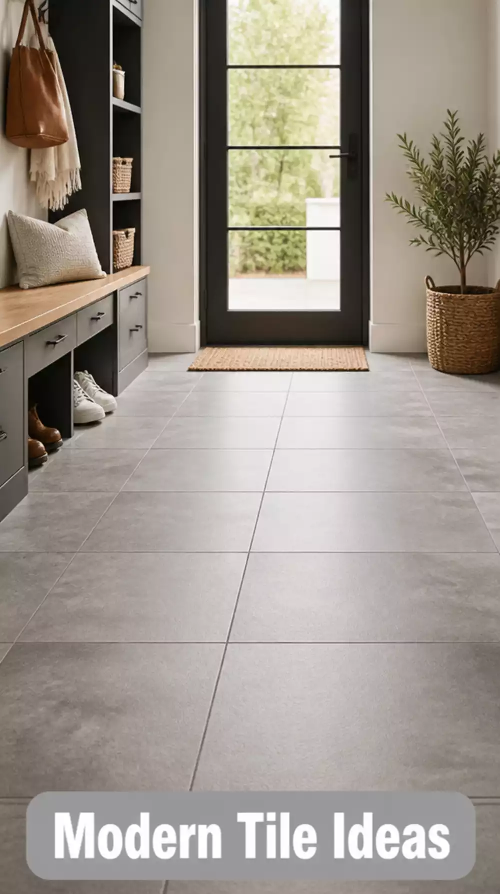 Sleek Mudroom Tile Floor in a Large-Format Grey That Reads Minimal