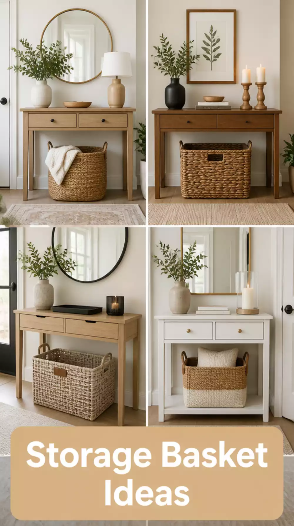 Entryway Table Woven Basket Tucked Under the Shelf for Extra Storage