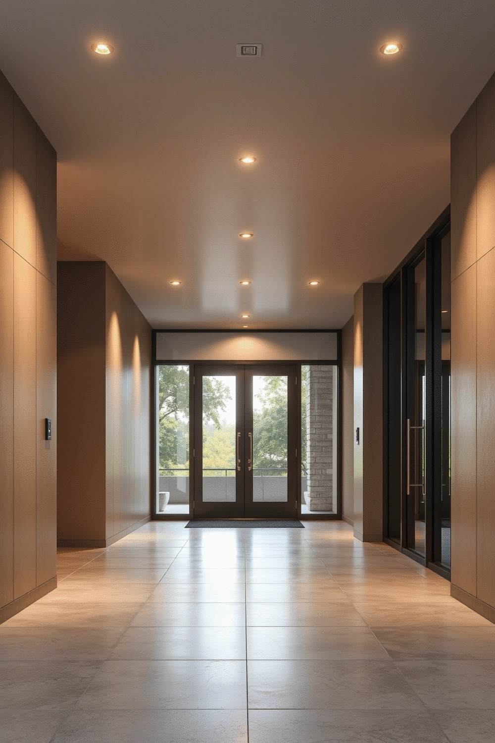 Modern entryway with a warm, inviting glow from strategically placed lighting fixtures, no humans.