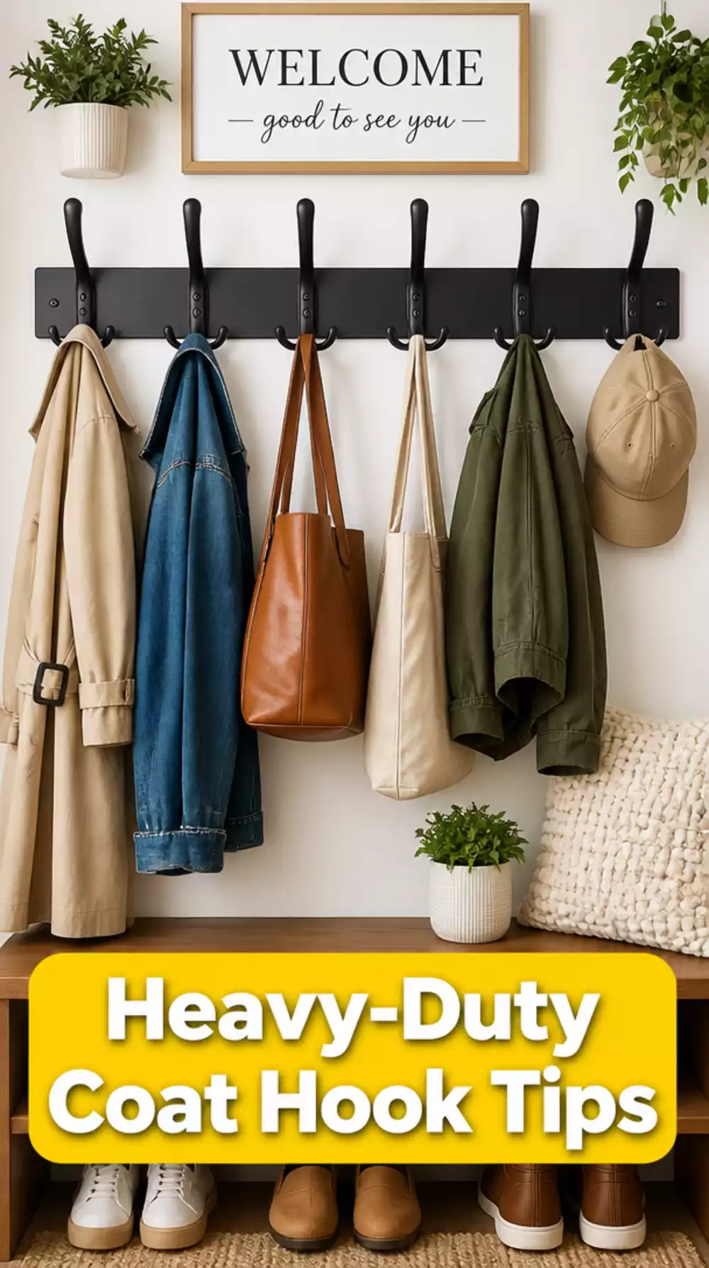 Entryway Coat Hook Strip in Powder-Coated Steel with Six Heavy-Duty Hooks