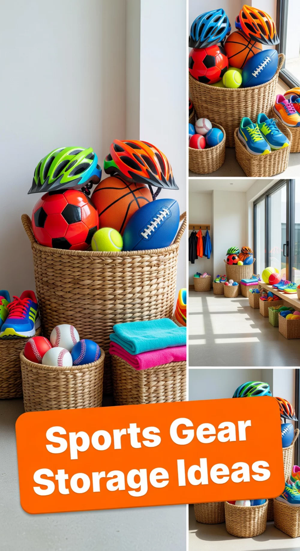 Entryway Sports Gear Bin in a Large Woven Basket for Balls and Helmets