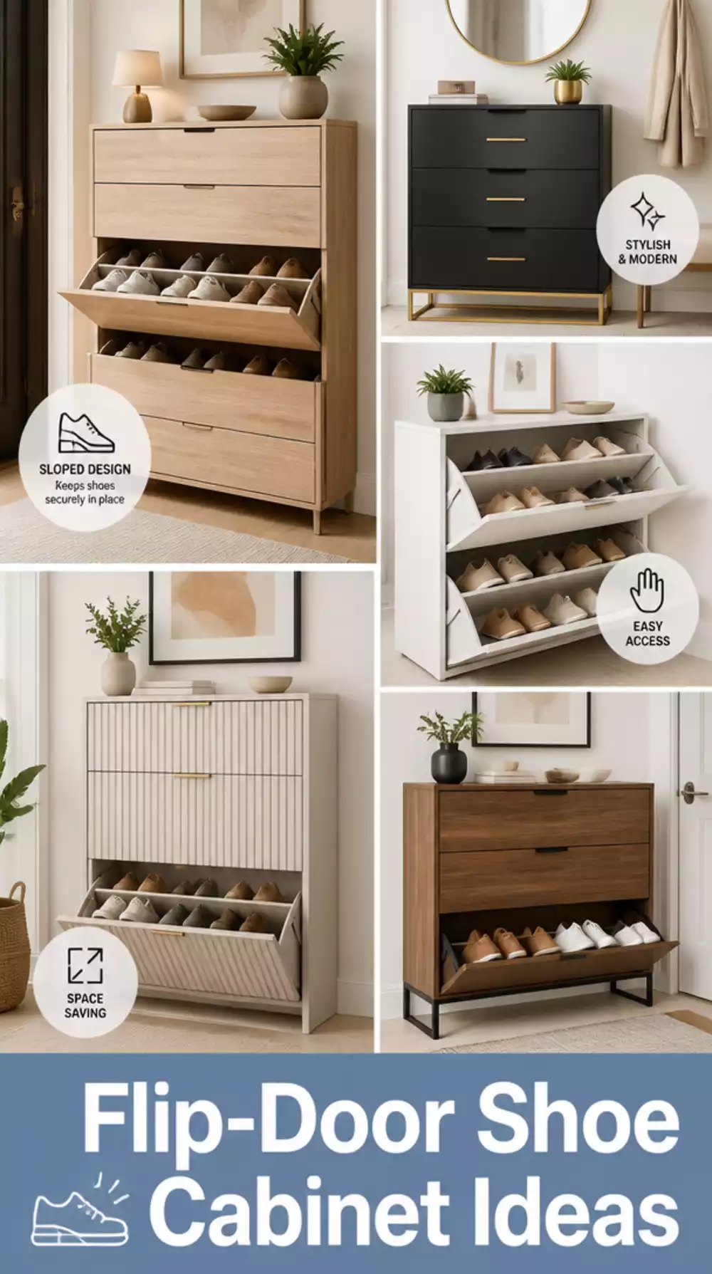 Entryway Flip-Door Shoe Cabinet That Opens Flat and Stores Pairs on a Slope