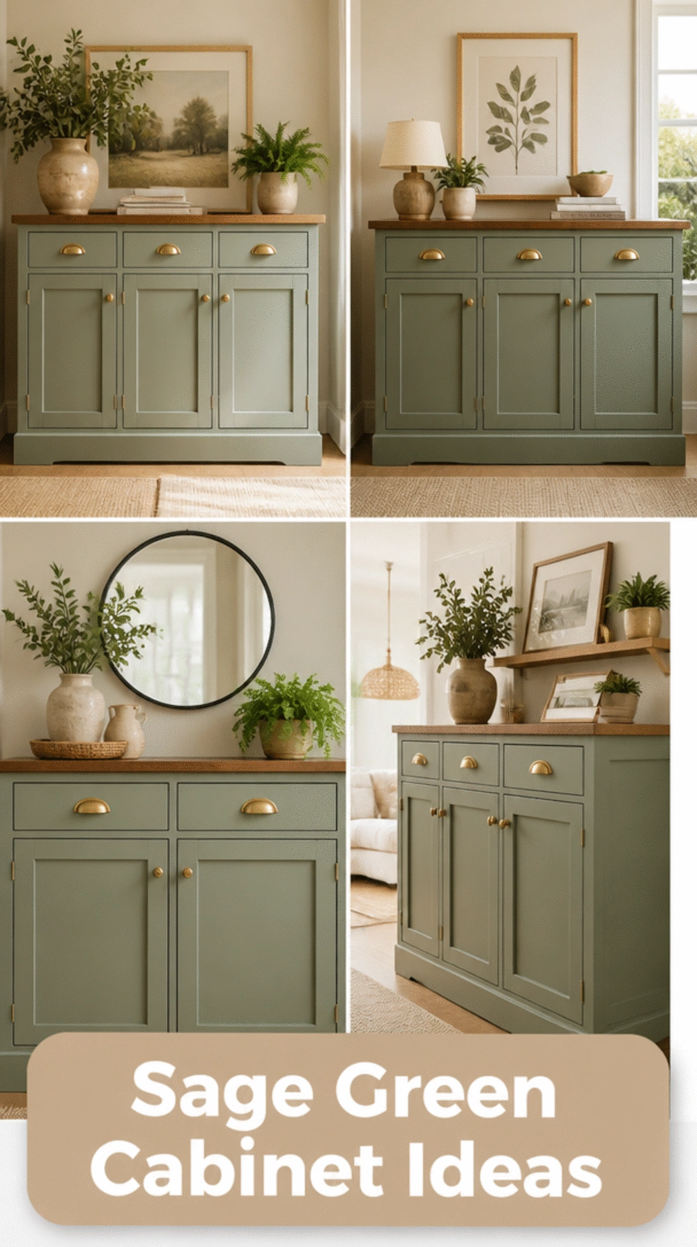 Entryway Sage Green Cabinet with Brushed Brass Handles and a Warm Oak Top
