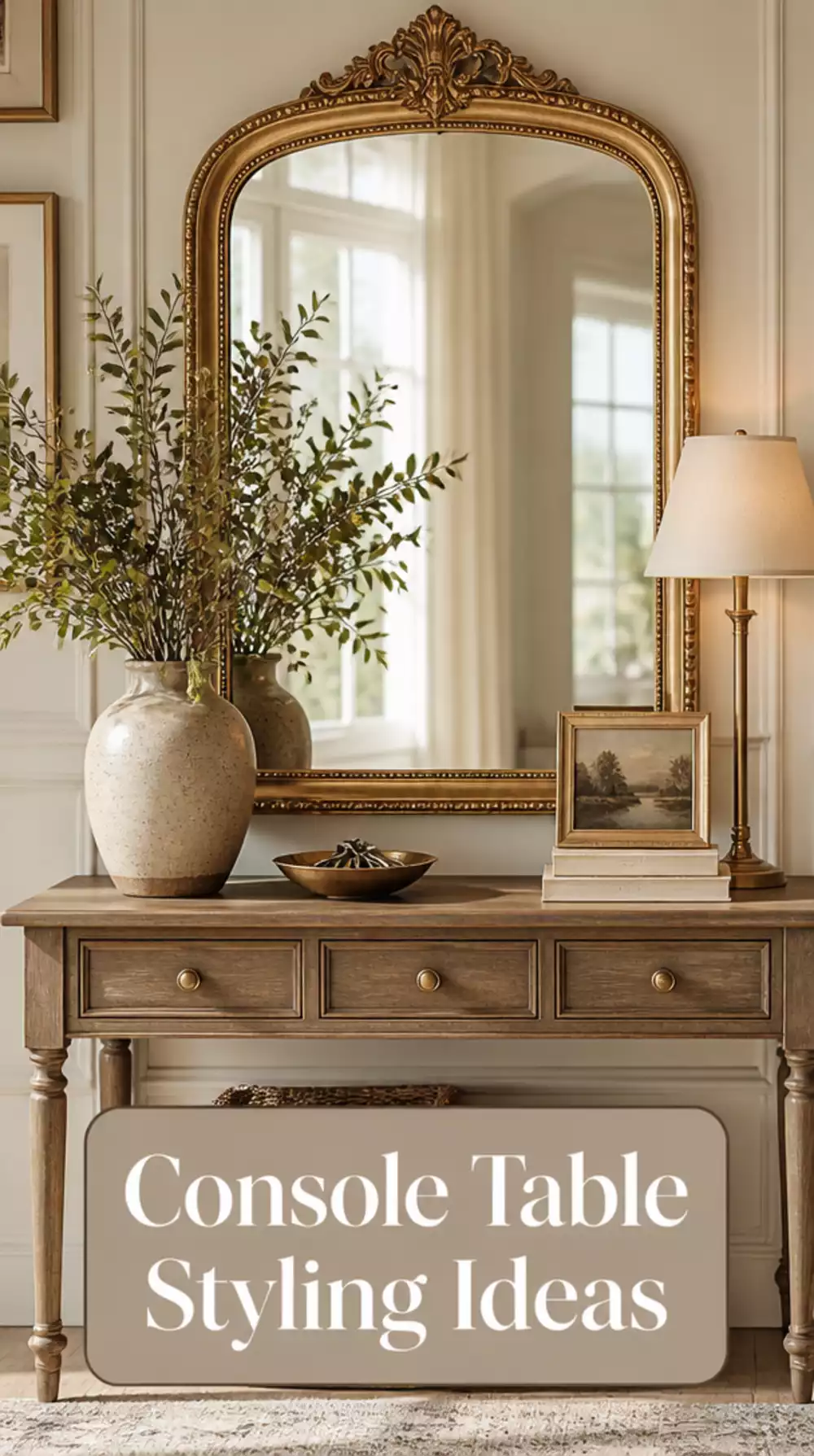 Foyer Entryway Console Table Styled Under a Grand Gold-Frame Mirror
