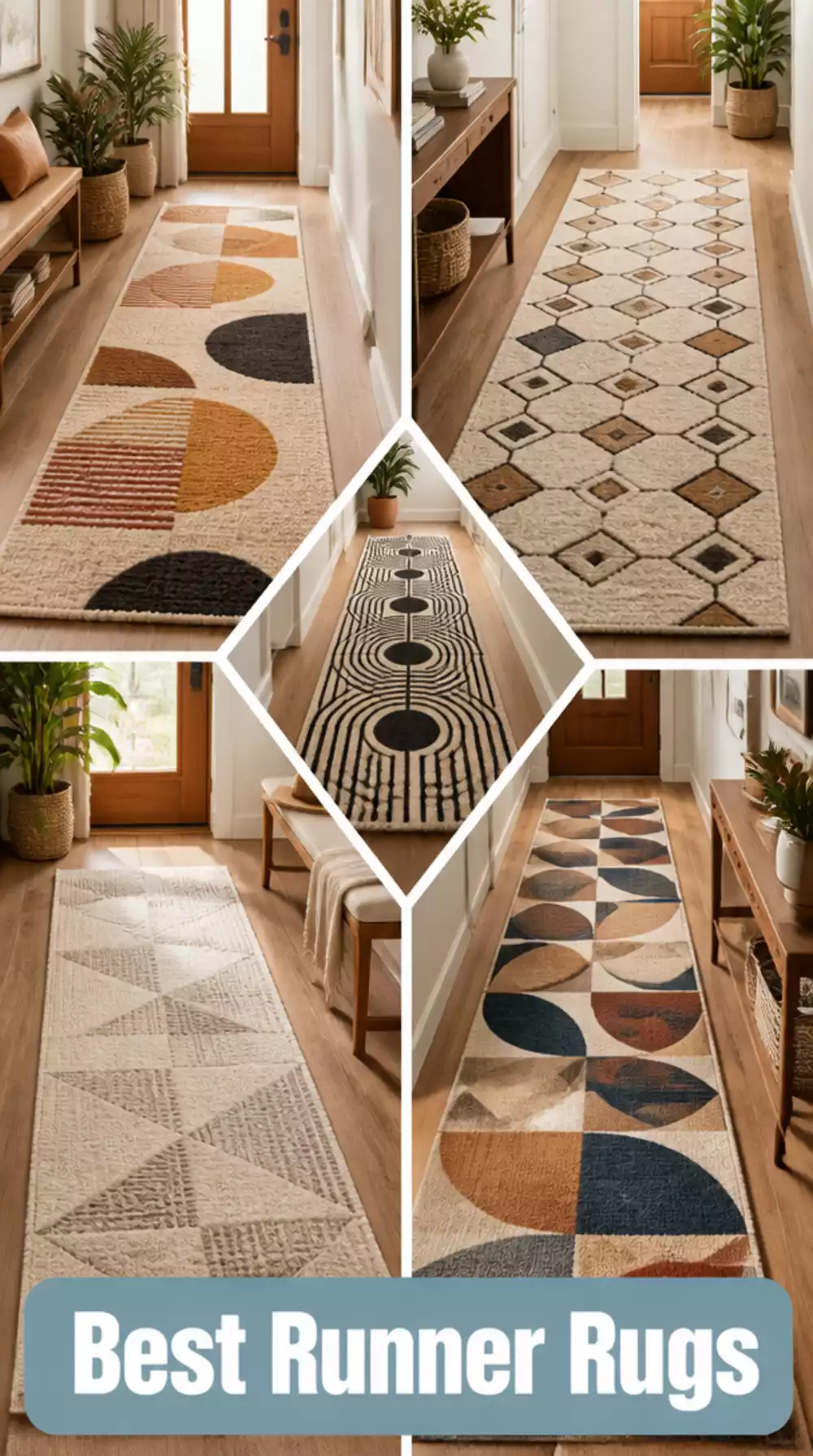 Entryway Textured Wool Runner Rug in a Geometric Mid-Century Pattern
