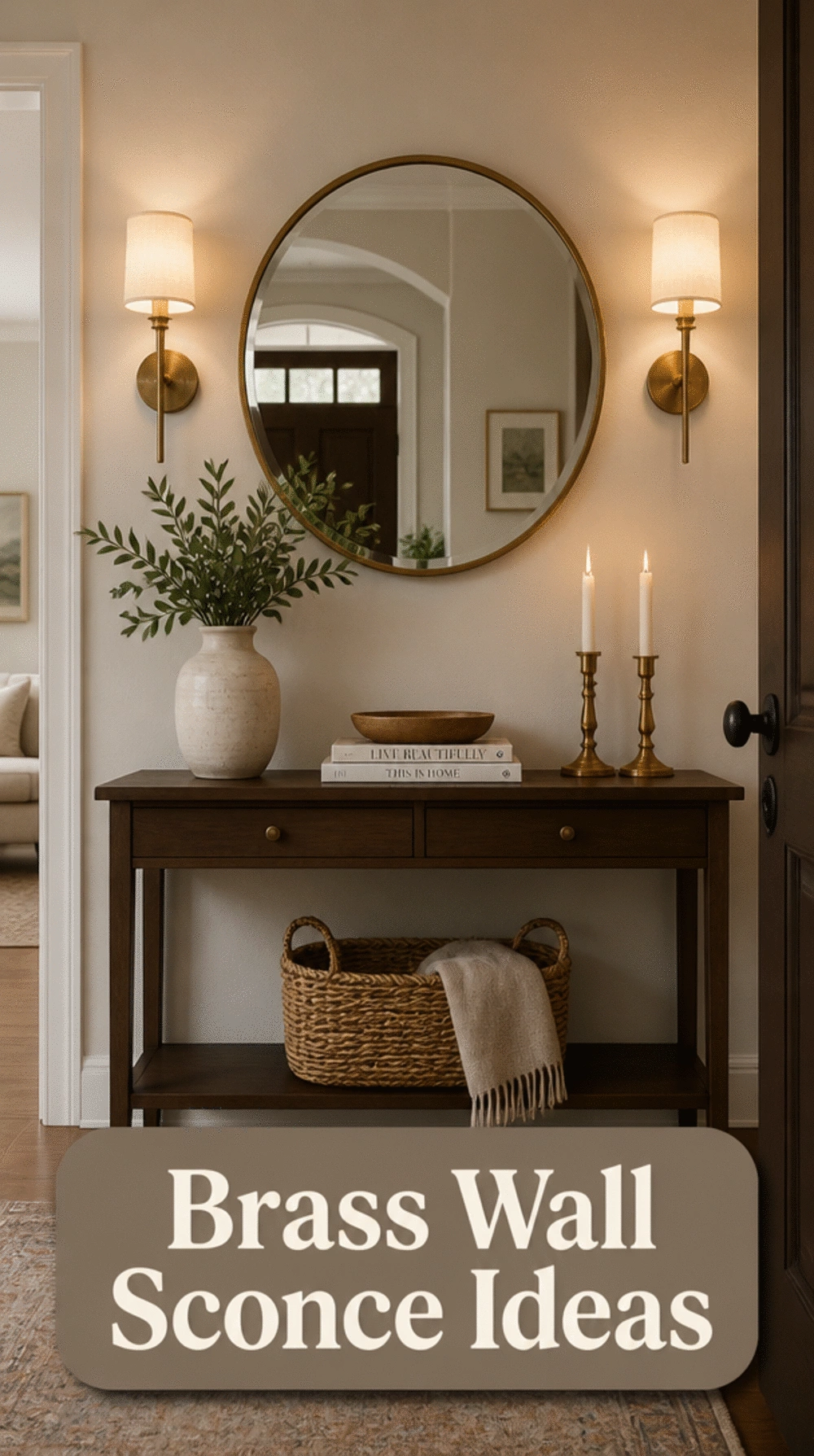 Entryway Brass Wall Sconce Pair That Flanks a Round Mirror Above the Console