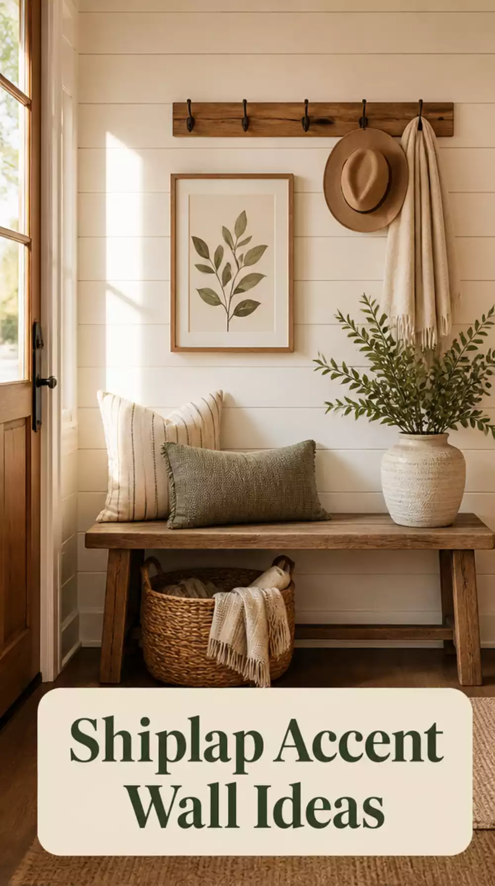 Entryway Shiplap Accent Wall in Warm White Behind a Wooden Bench