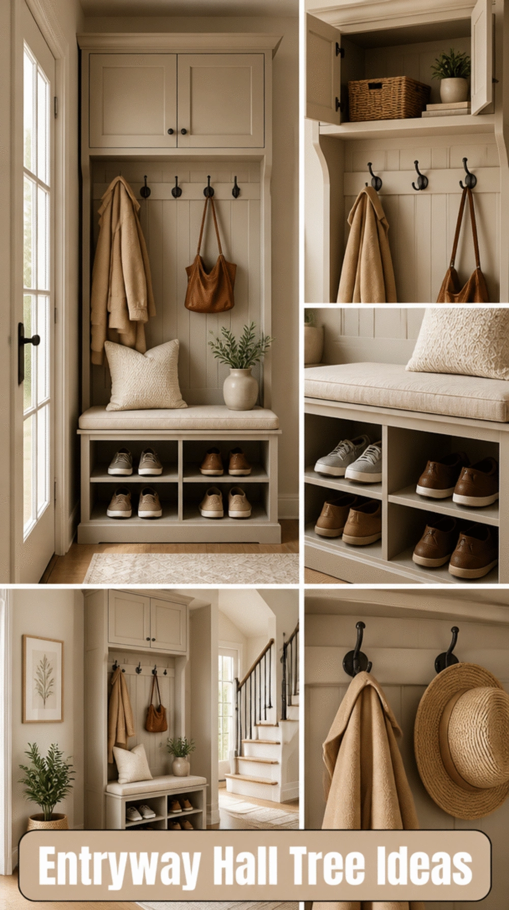 Entryway Hall Tree with Bench, Hooks, and a Full Upper Cabinet