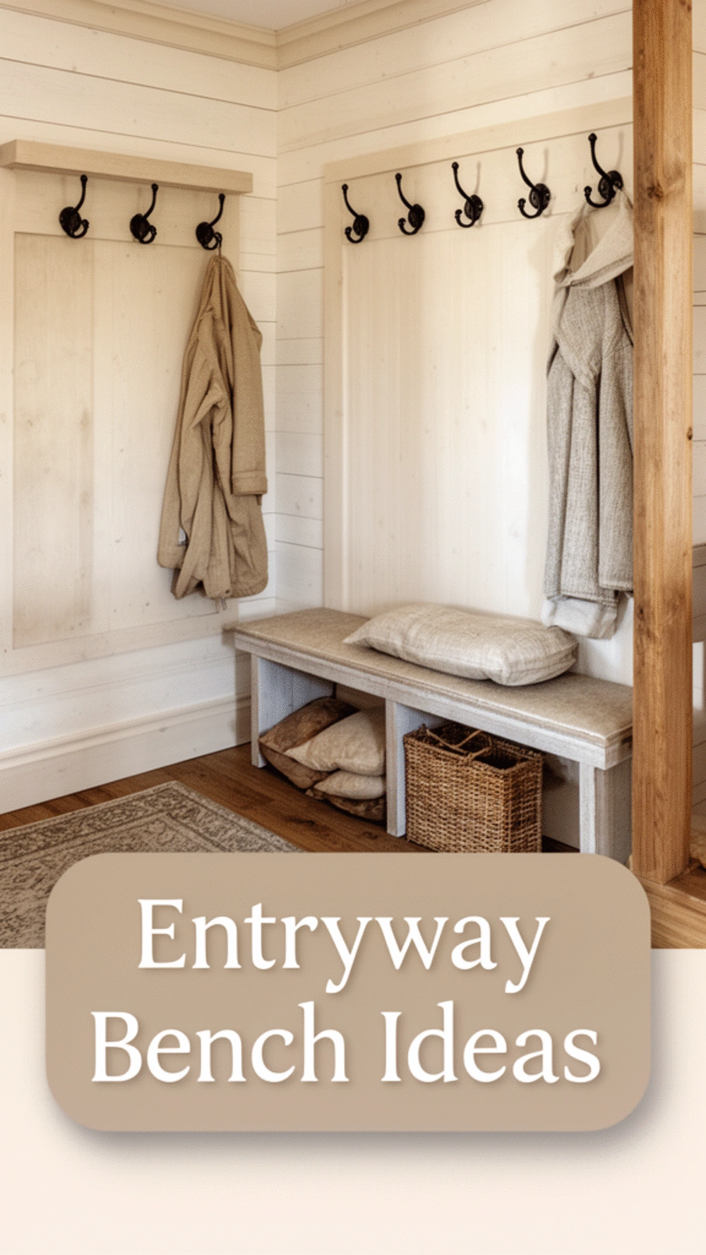Entryway Bench Paired with a Shiplap Wall Panel and Black Iron Hooks
