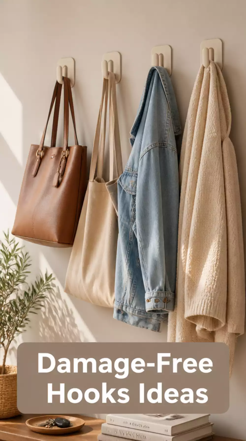 Apartment Entryway Adhesive Hooks in a Row That Hold Bags Without Wall Damage