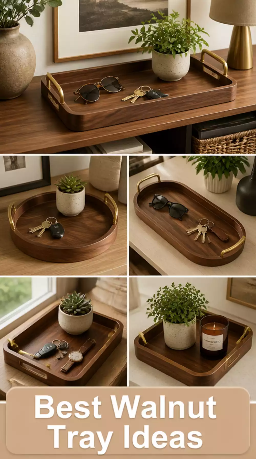 Entryway Walnut Tray with Brass Handles That Corrals Keys and Sunglasses