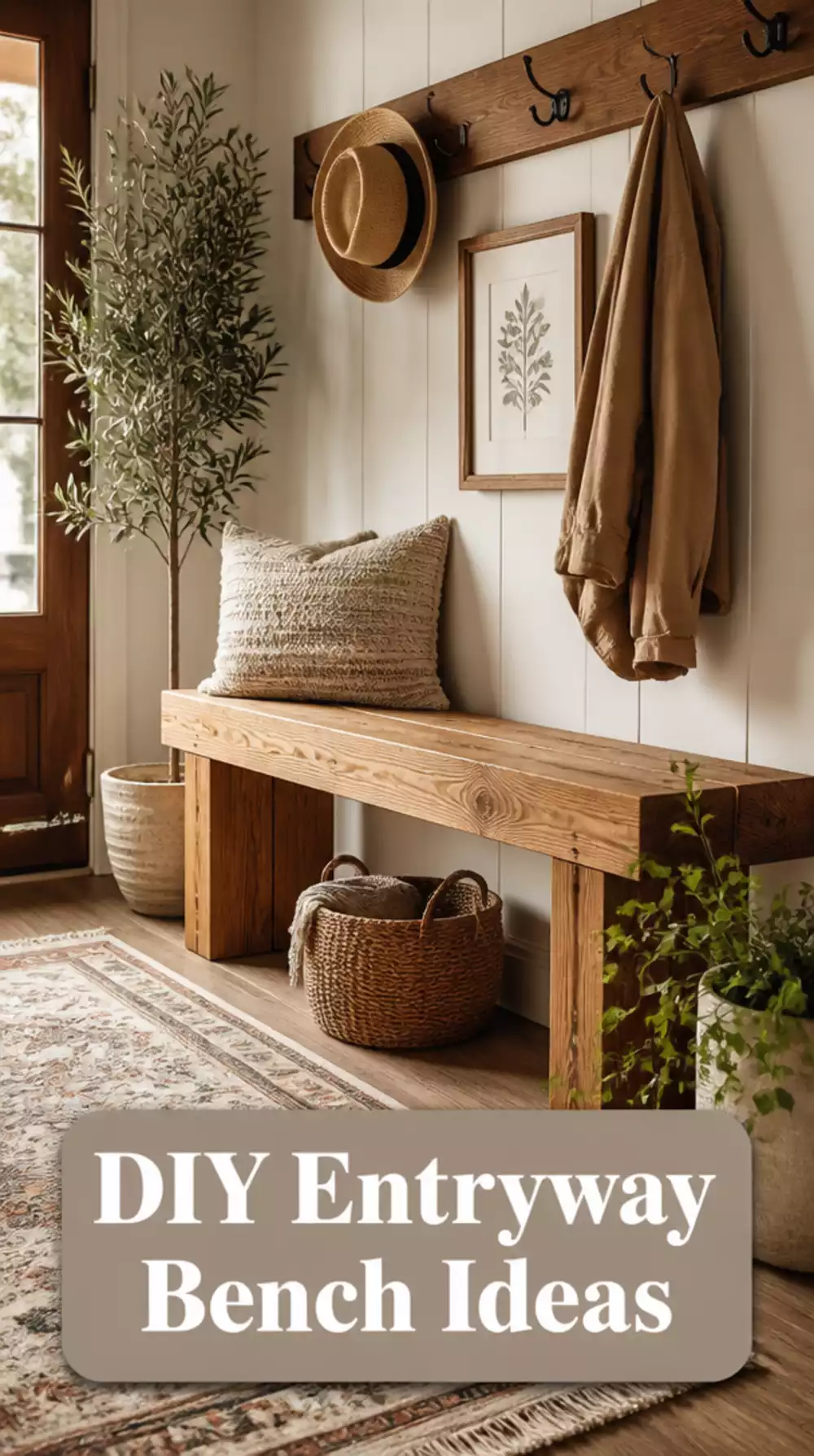DIY Entryway Bench Built from Two-by-Six Pine Boards Sanded and Stained
