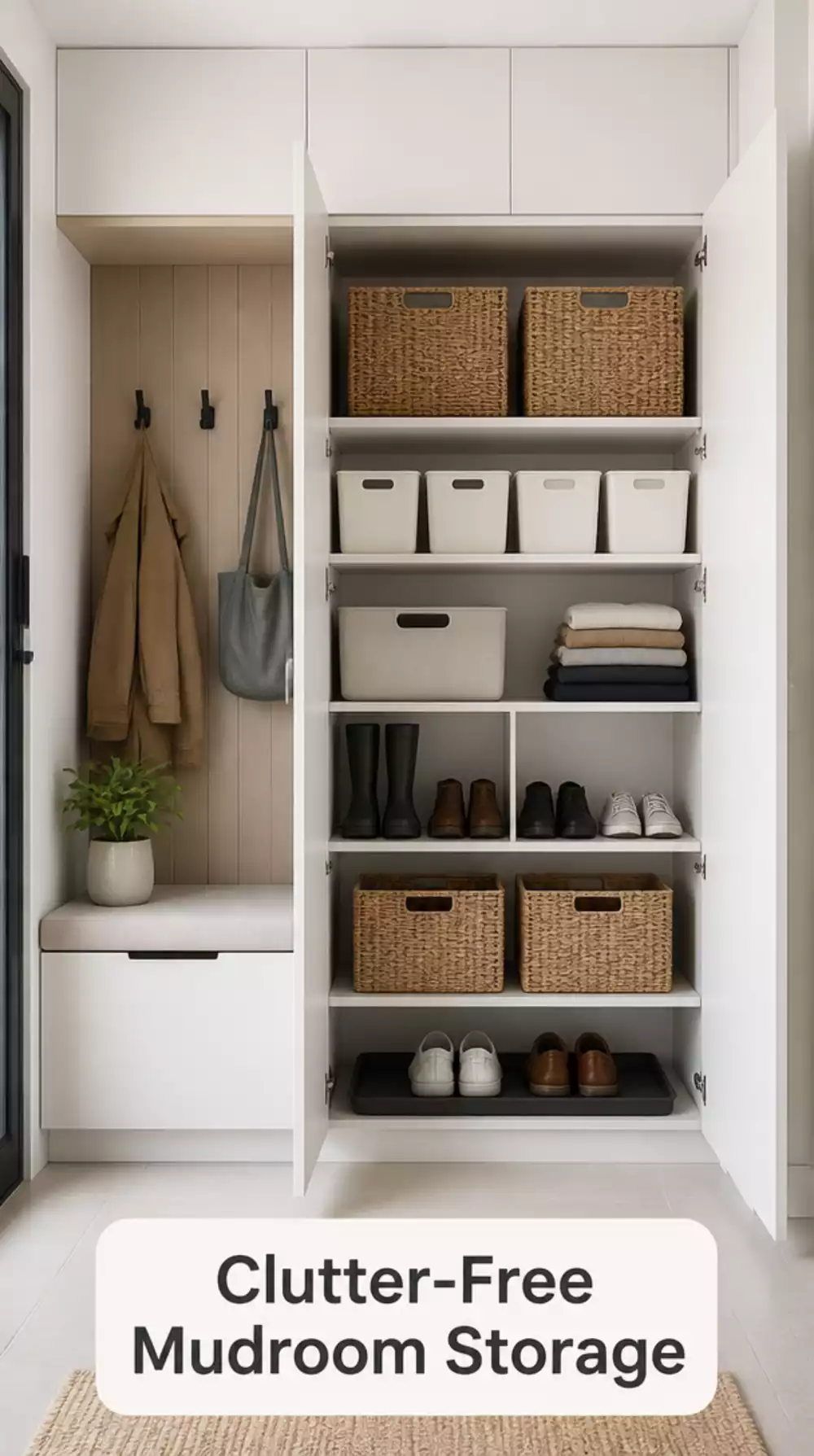 Mudroom Handleless Cabinet in Warm White That Hides All Clutter Inside