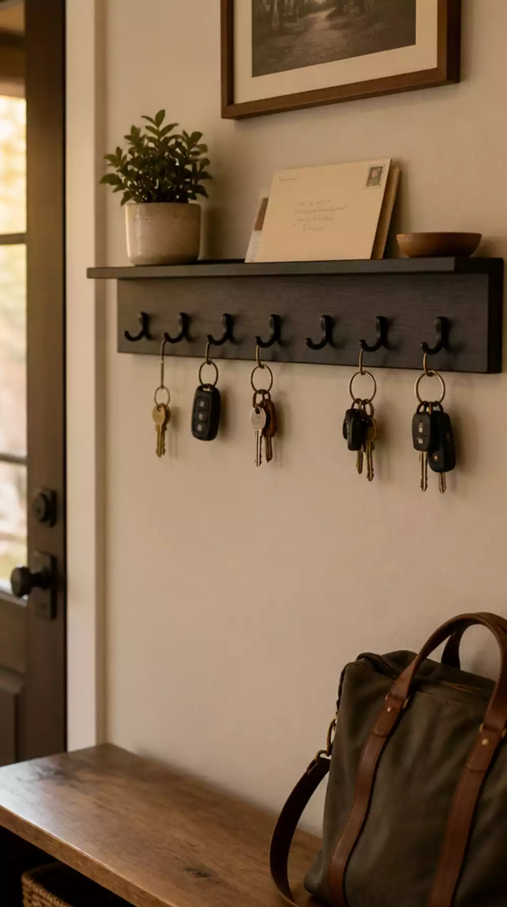 Apartment Entryway Wall-Mounted Key Hook with a Narrow Shelf Above the Door