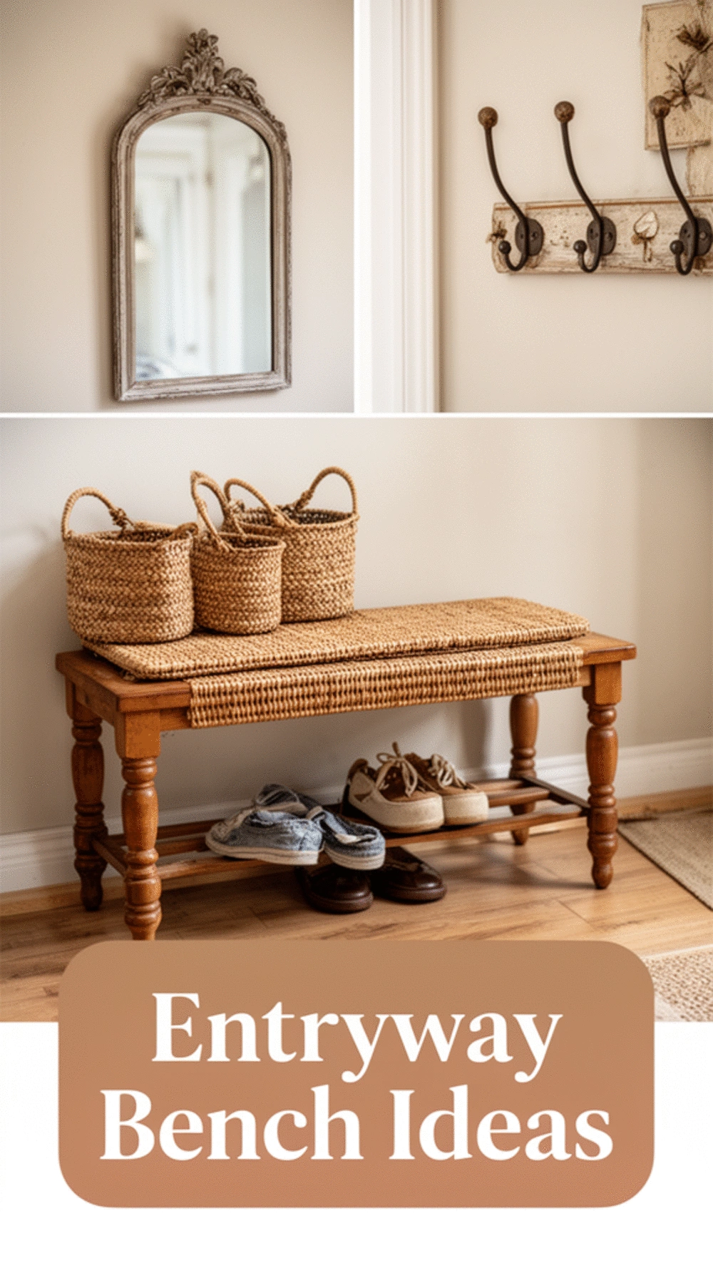 Entryway Wooden Bench with Turned Legs and a Woven Rattan Shelf