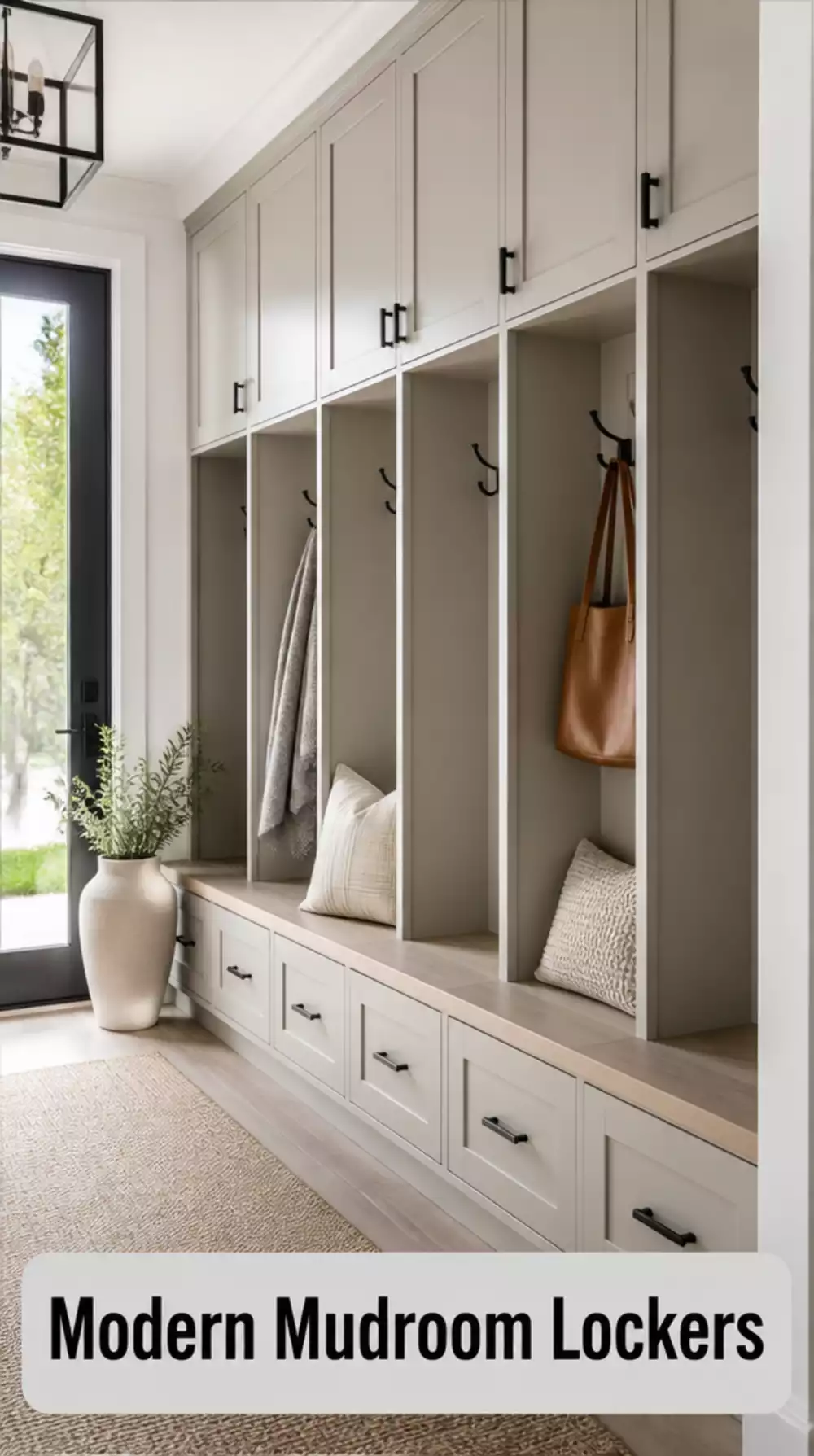 Modern Mudroom Built-In Lockers with Upper Cabinets and a Clean Door Face