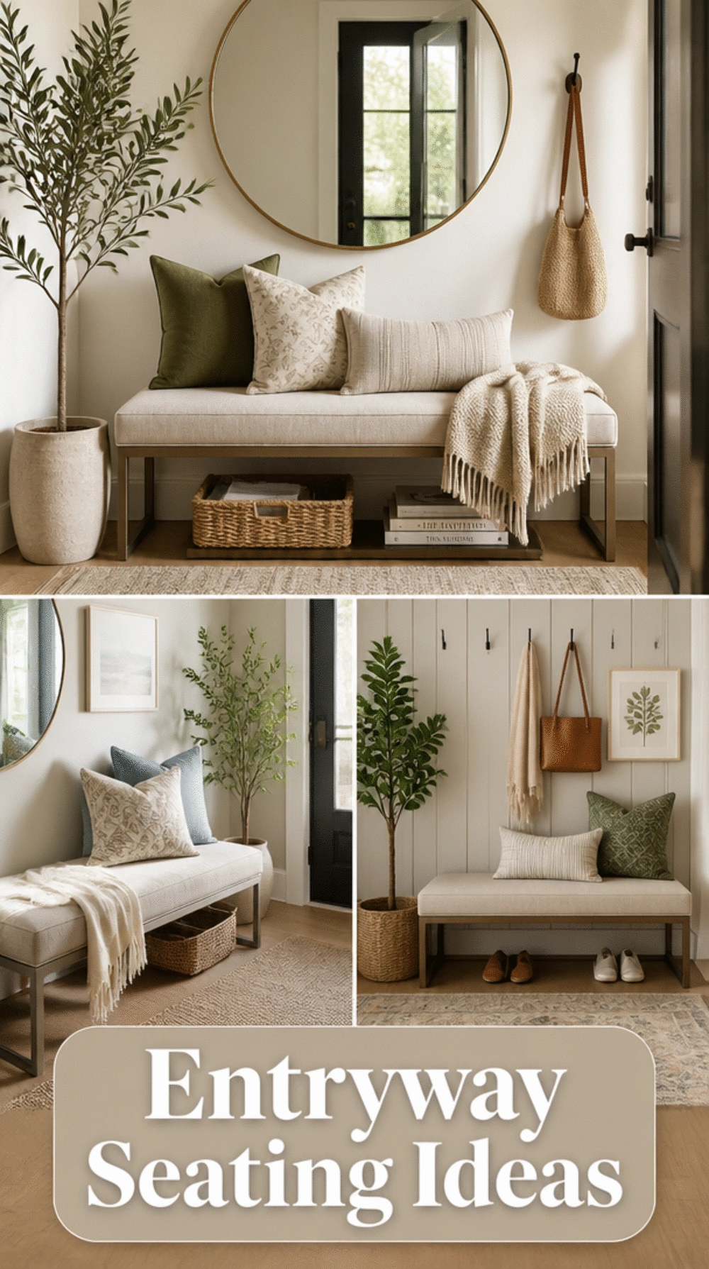 Entryway Natural Linen Upholstered Bench on a Low Brushed Metal Frame