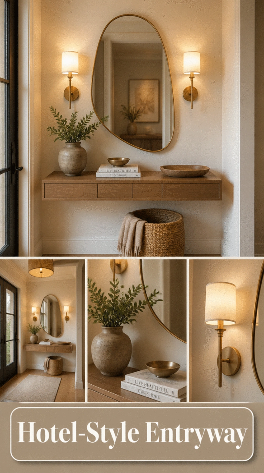Small Entryway Mirror Grouped with Two Wall Sconces for a Hotel Look