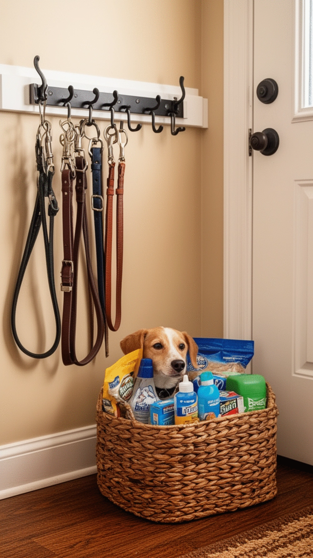 Entryway Pet Station with a Hook for Leads and a Basket for Dog Supplies