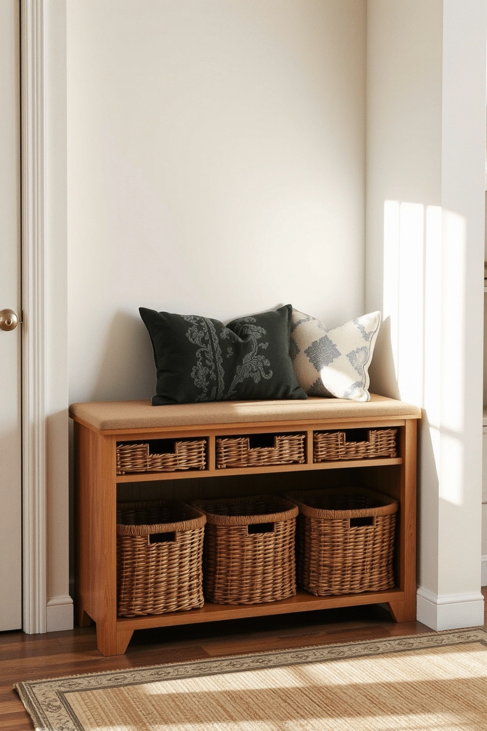 Stylish entryway bench with built-in shoe storage, a cozy cushion, and organized baskets underneath, creating a functional and inviting space.