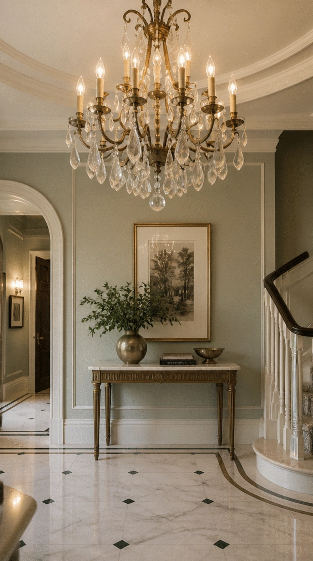Entryway Statement Chandelier in Aged Brass with Cascading Crystal Drops