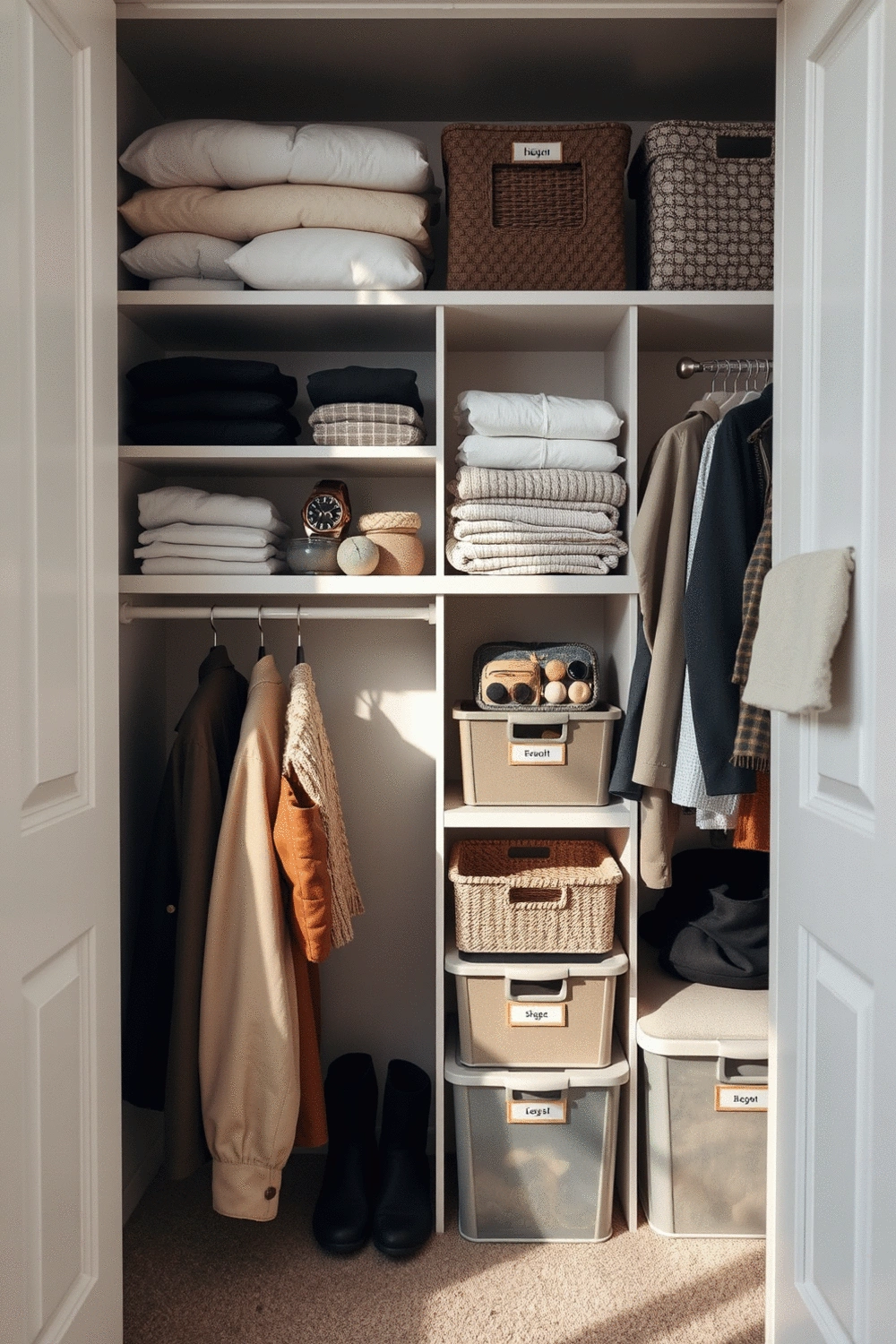 Open closet with various storage solutions, including slim hangers, shelves, and labeled bins for seasonal items
