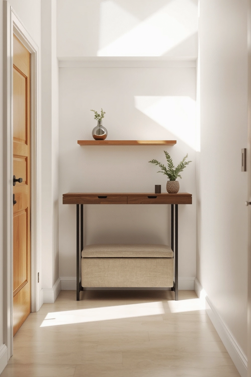 Small entryway with a slim-profile console table, a floating shelf with a small decorative vase, and a compact storage bench, demonstrating efficient space utilization.