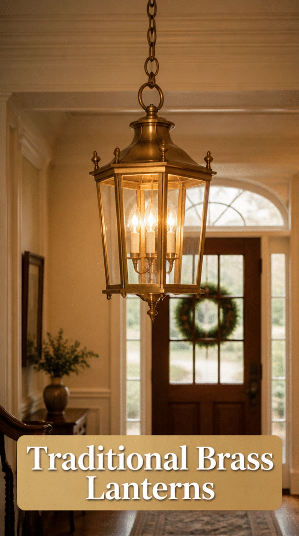 Entryway Traditional Brass Lantern Pendant That Hangs from a Chain Above