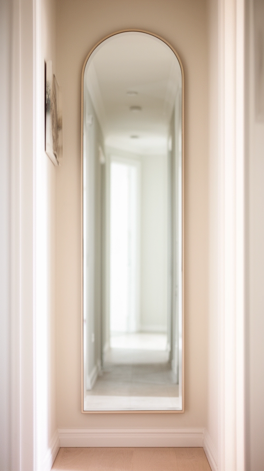 Narrow Entryway Tall Vertical Mirror That Draws the Eye Up and Forward