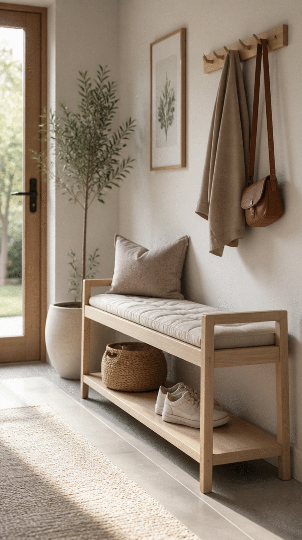 Entryway Light Birch Wood Bench with a Slim Slatted Seat and Base
