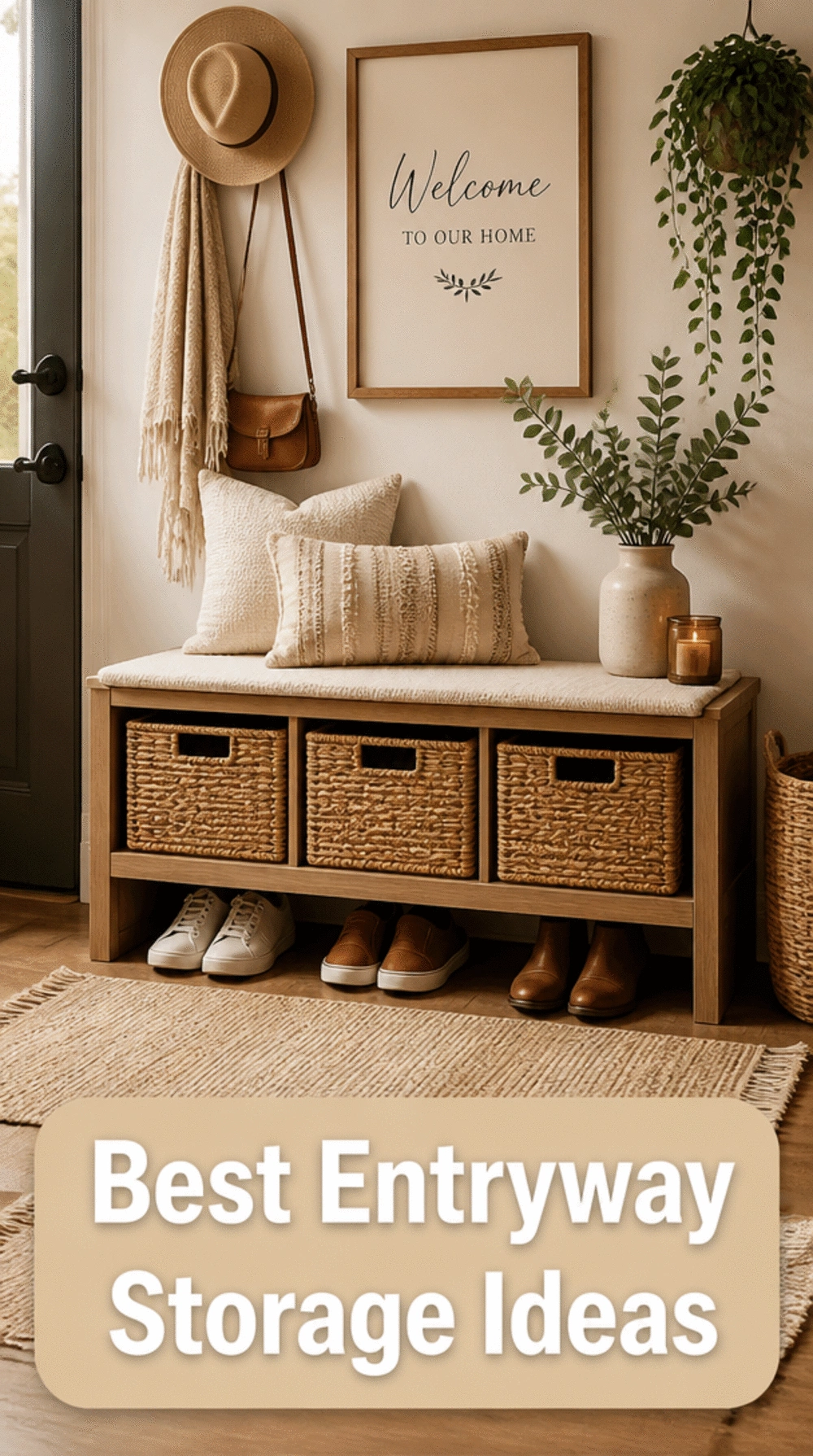 Entryway Storage Bench with Three Pull-Out Wicker Baskets Underneath