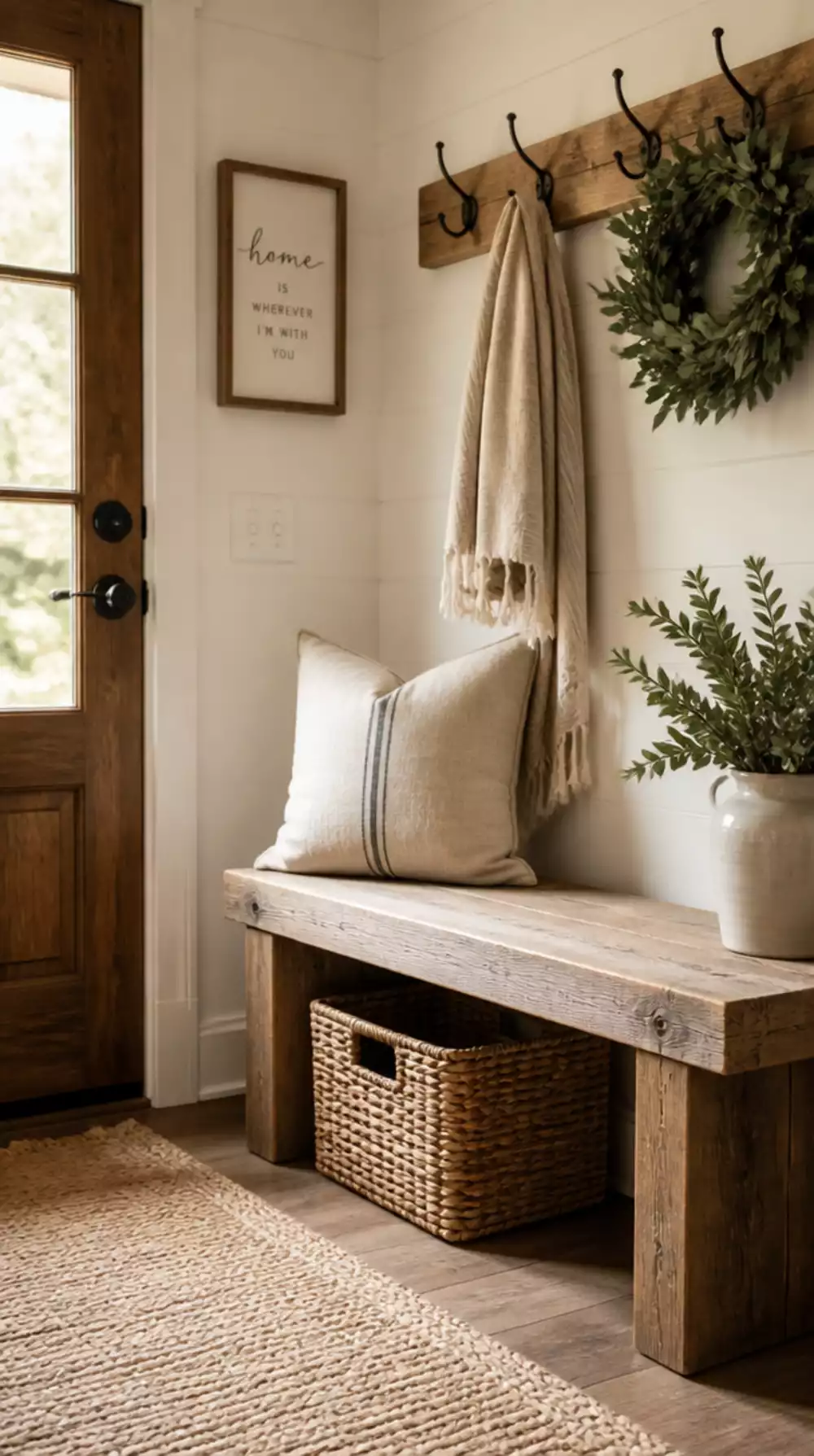DIY Farmhouse Entryway Bench Built from Two-by-Fours and Sanded Smooth