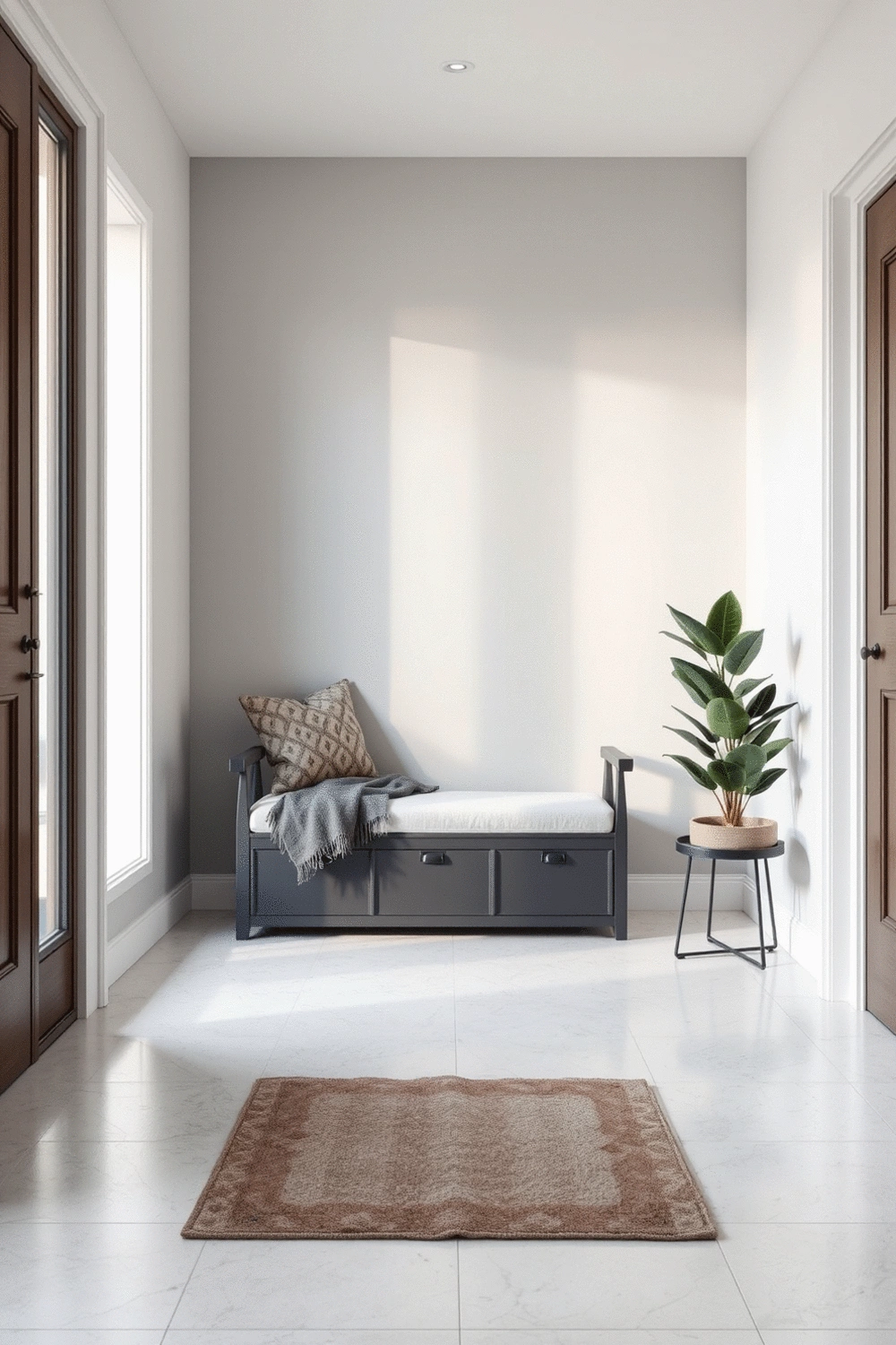An empty entryway with a multifunctional storage bench, decorative throw blanket, and a small potted plant, demonstrating a welcoming and practical space.