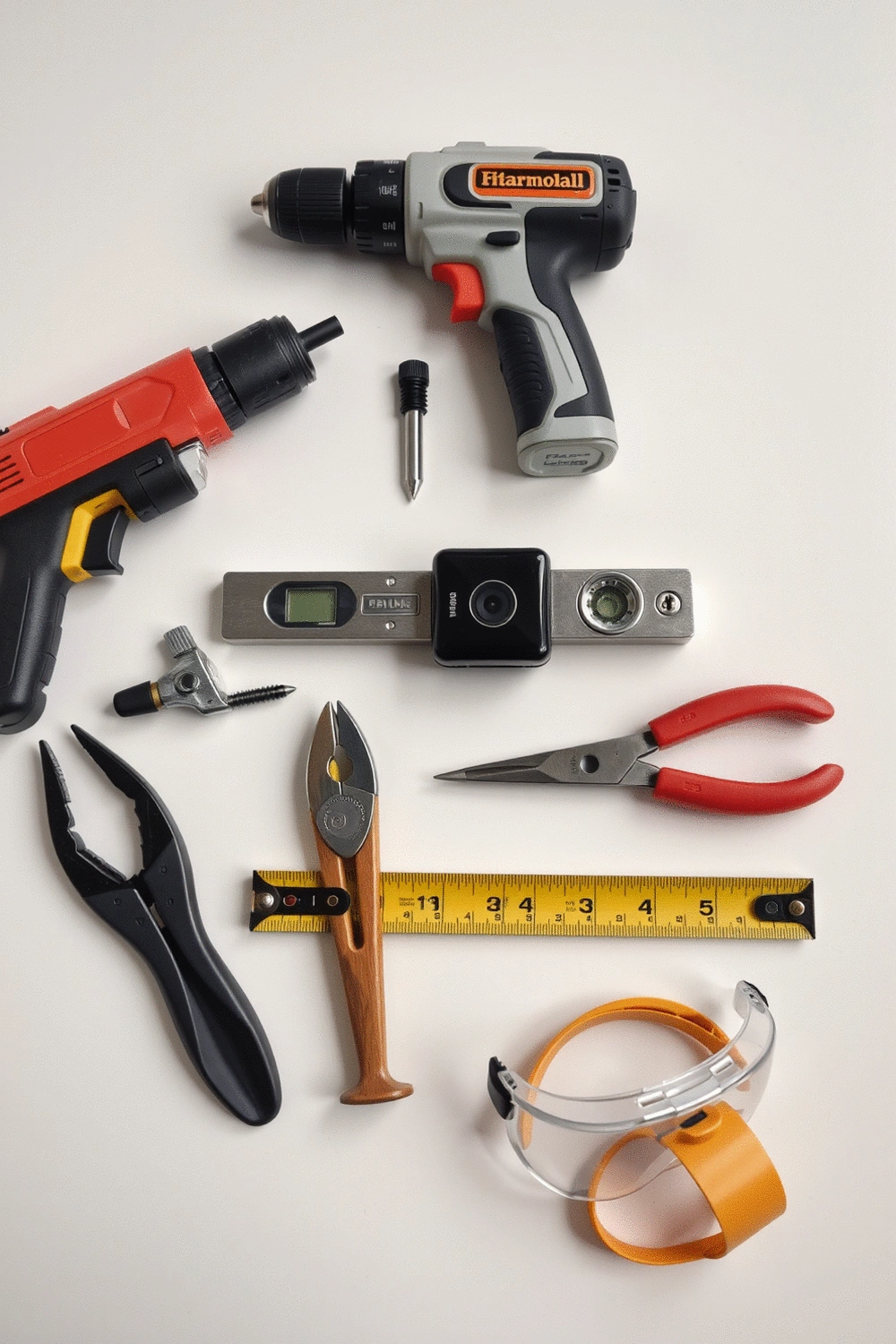 Arrangement of installation tools: drill, screwdriver set, level, wire cutters, measuring tape, and safety goggles on a workbench. No people.