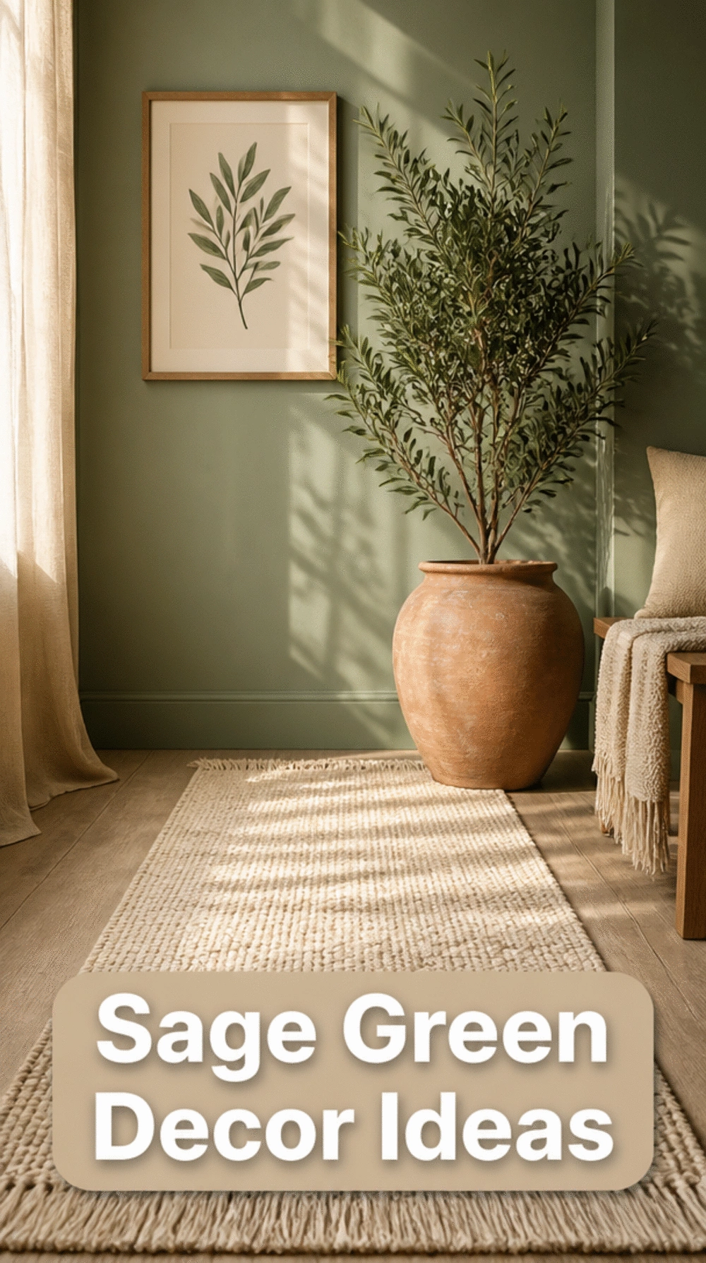 Entryway Sage Wall with a Cream Cotton Runner Rug and Terracotta Pot