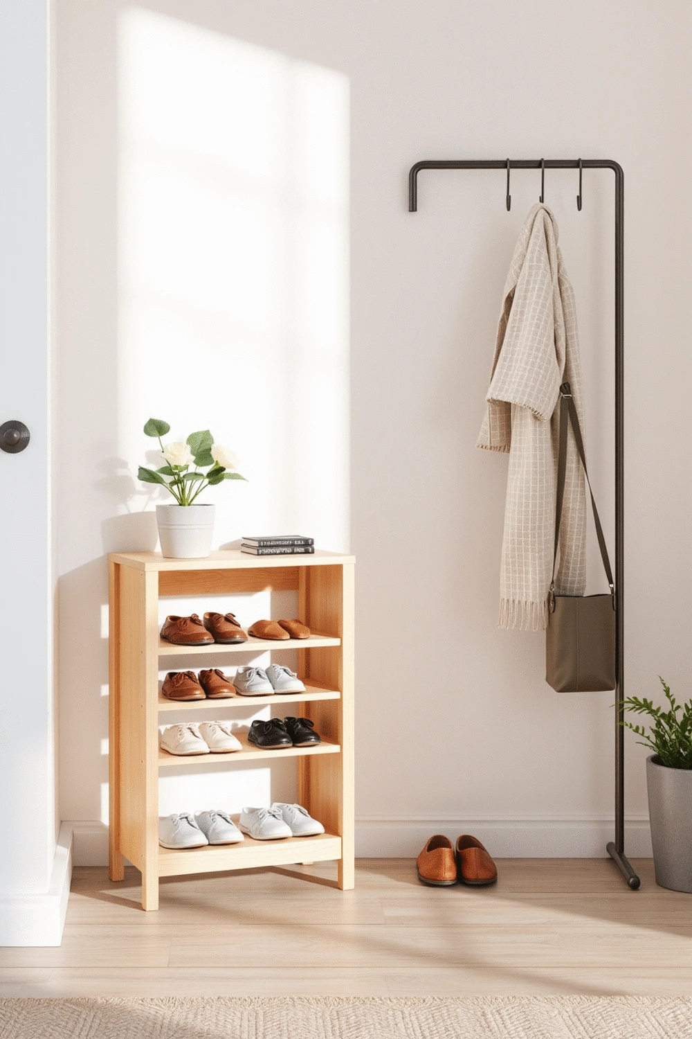 An organized entryway with a minimalist shoe rack, a small decorative plant, and a stylish coat rack with a few neatly hung items, promoting a clutter-free and functional space.