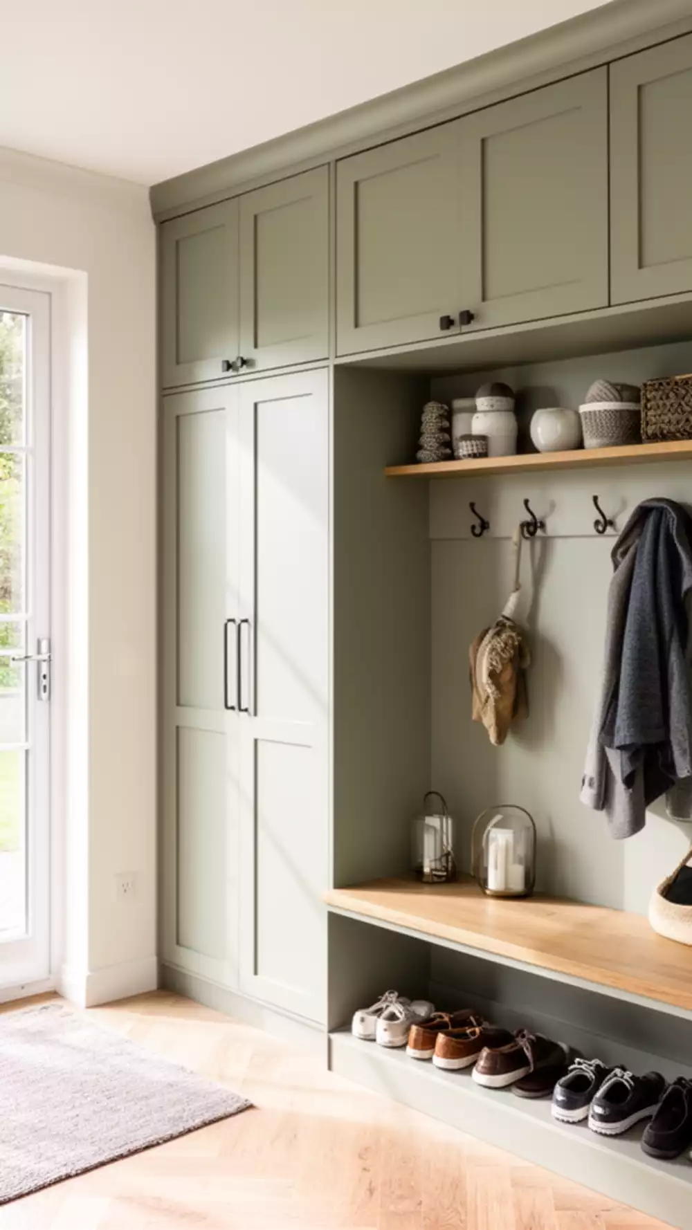 Entryway Full-Wall Built-In with Upper Cabinets, Hooks, and a Bench Below