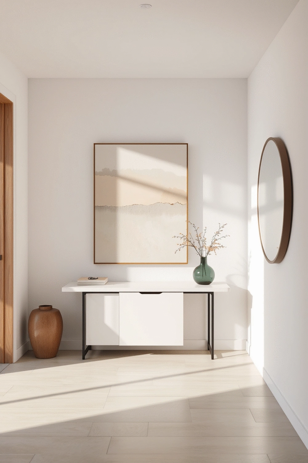 Modern entryway with a minimalist console table, a large abstract art piece, and a round mirror reflecting soft natural light.