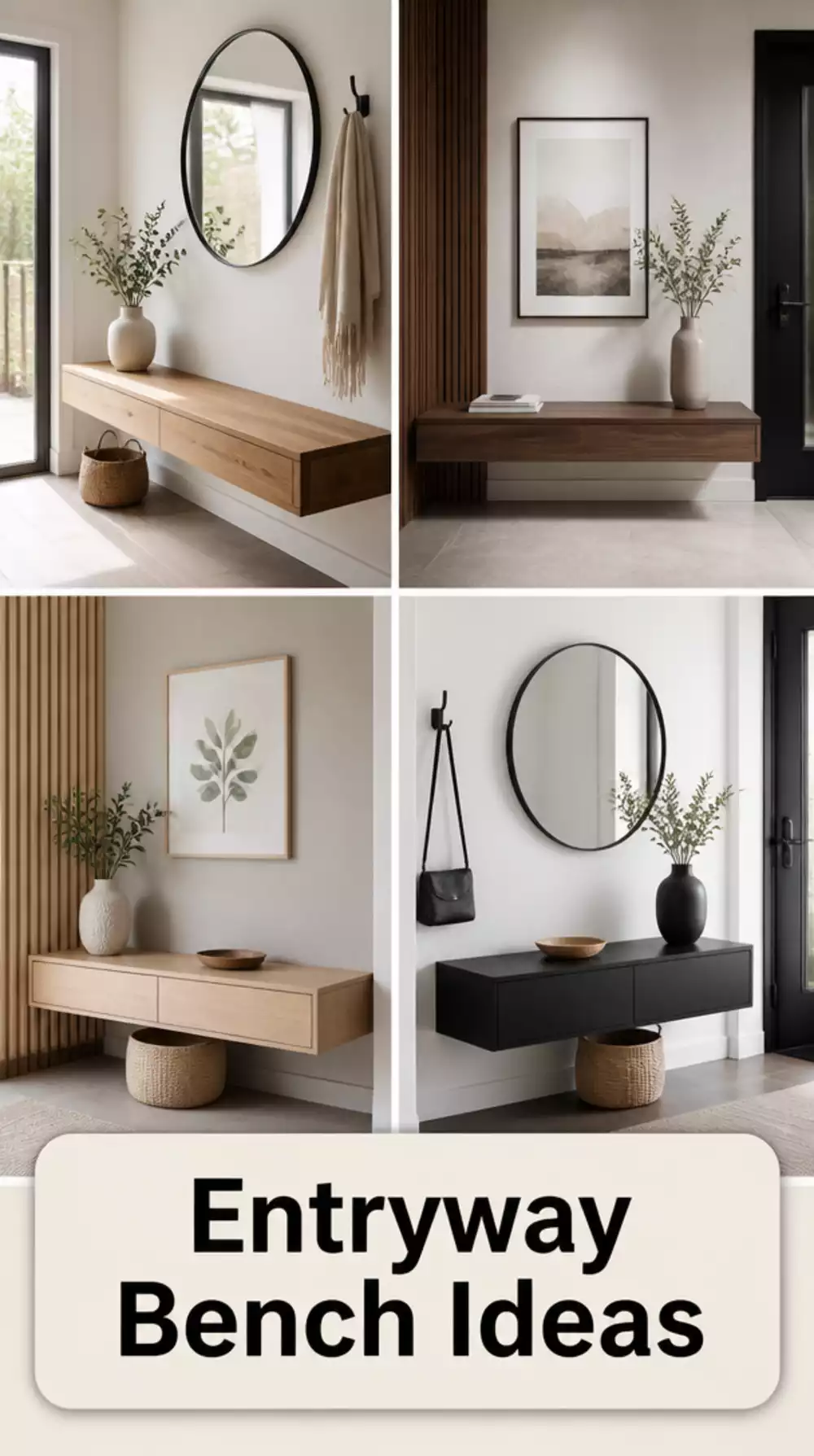 Entryway Floating Wooden Bench with No Visible Fixings or Hardware