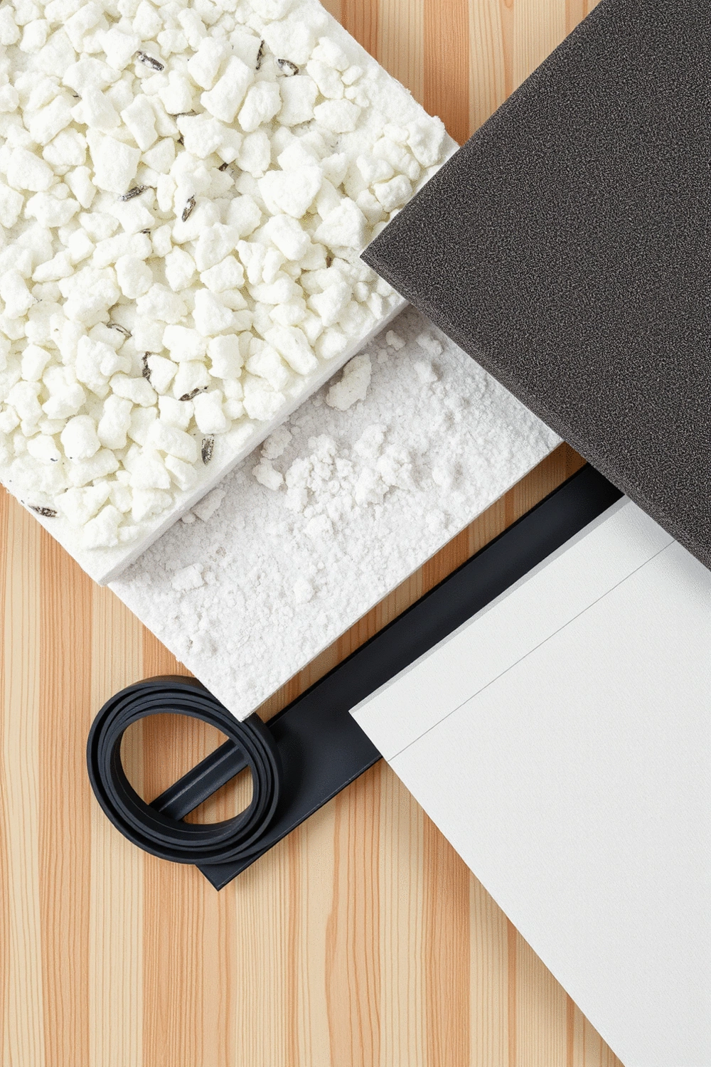 Soundproofing materials like fiberglass insulation, mass-loaded vinyl, and weatherstripping strips arranged neatly on a clean wooden surface