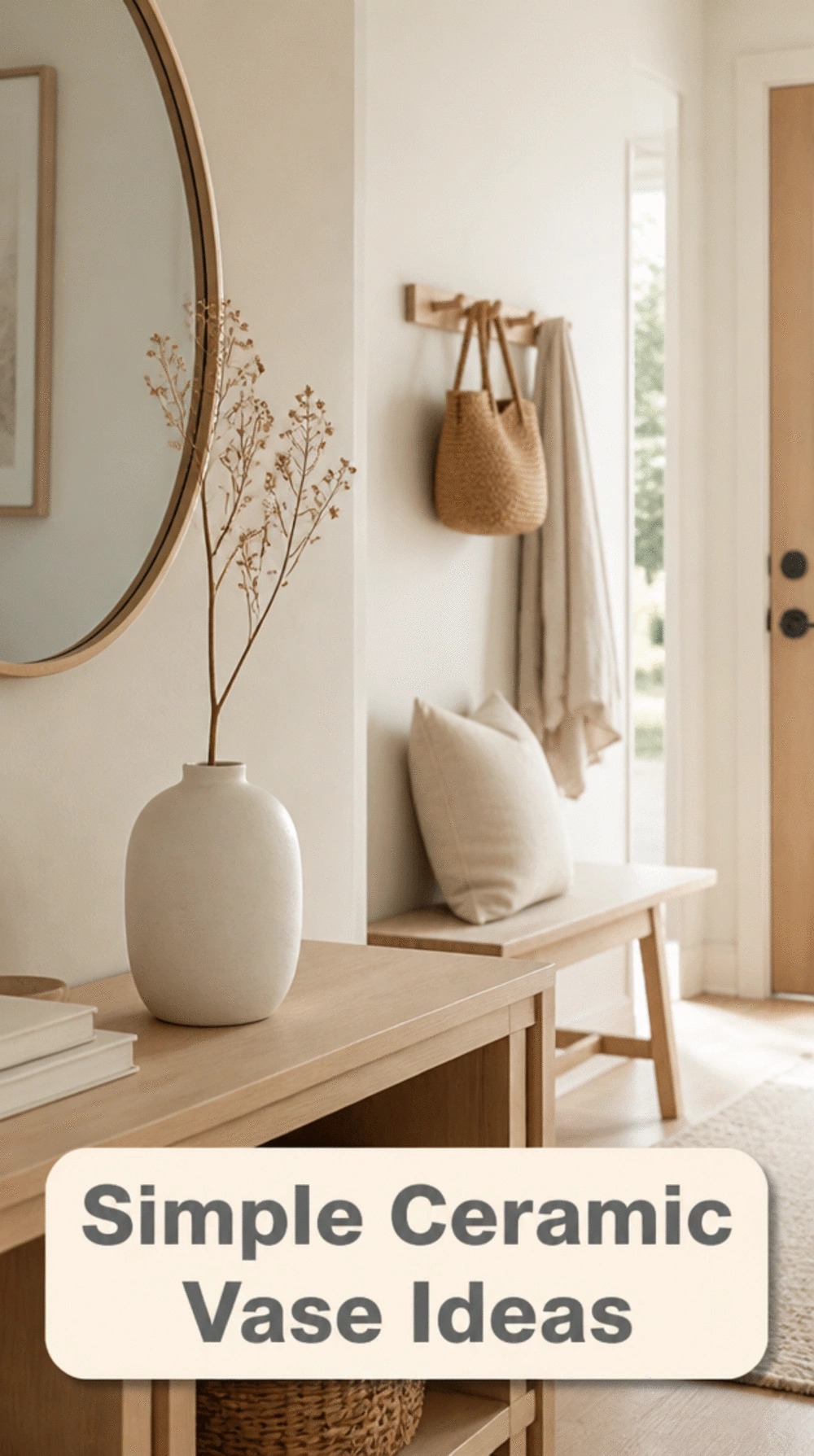 Entryway Simple White Ceramic Vase with a Single Dried Stem on the Console
