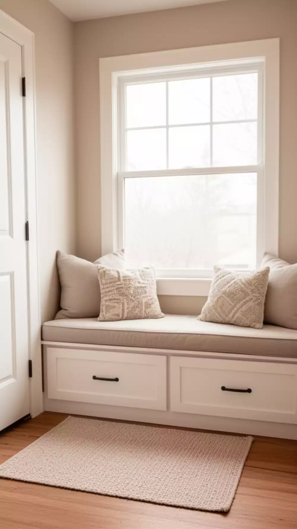 Entryway Built-In Bench Nook with a Window Above and Drawers Below the Seat
