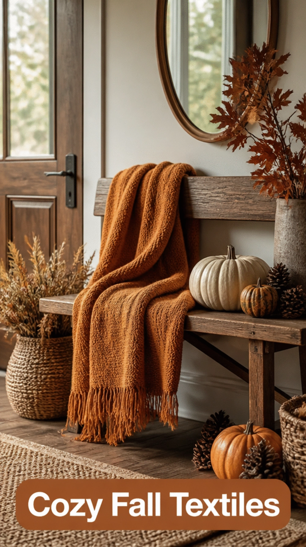 Entryway Warm Amber Throw Draped Over a Bench for an Autumn Welcome