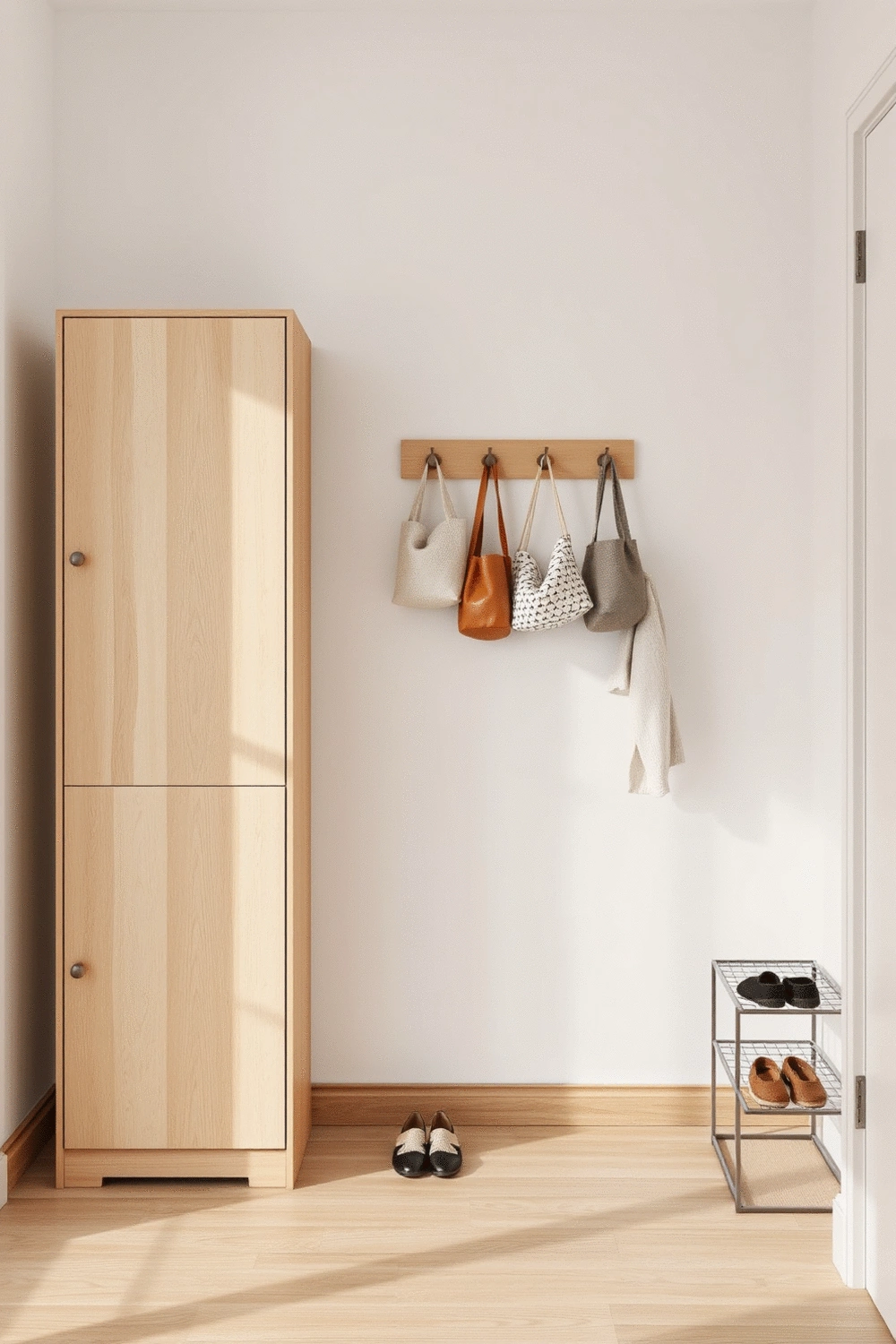 Entryway with tall, narrow storage cabinet and wall-mounted hooks, neatly organized with baskets and decorative items